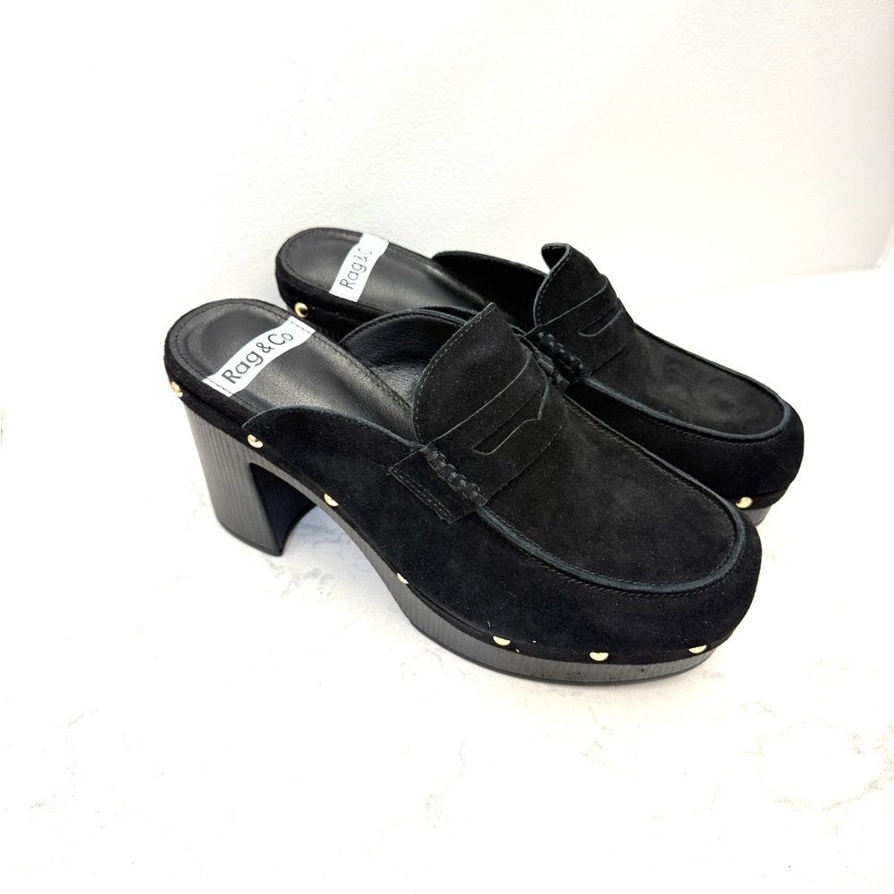 Rag & Co. Hand Crafted Black Suede Mules/Clog with Studded Detail